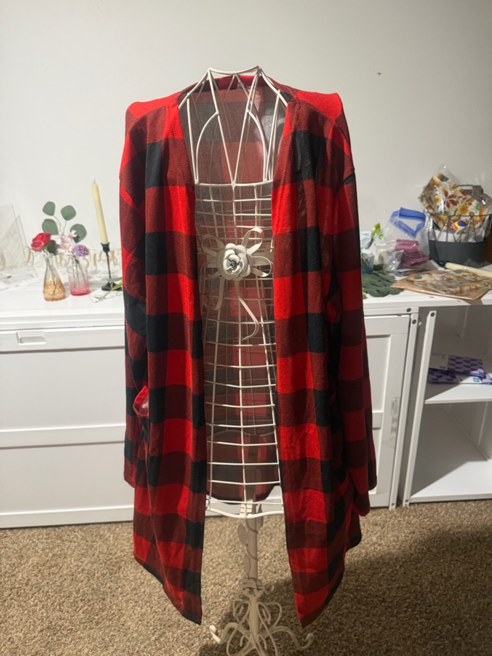 Red and Black Buffalo Plaid Open Cardigan Sweater